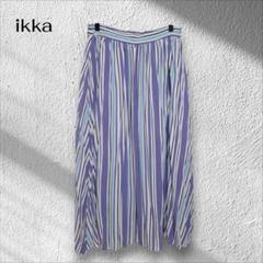 イッカ ikka フレアロングスカート【L】紫 ストライプ ウエストゴム