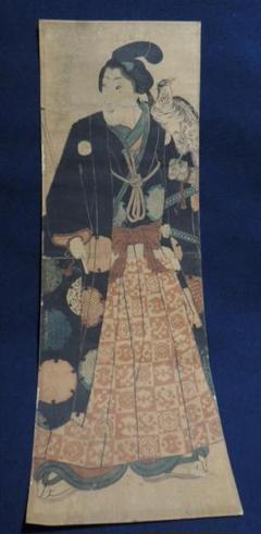 浮世絵「若侍と鷹」鷹狩？作者不明＞刀、まげ、家紋、浮世絵、江戸、Ukiyoe 浮世絵「若侍と鷹」鷹狩？作者不明＞刀、まげ、家紋、浮世絵