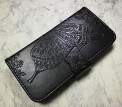 iPhone7/8/SE 用 スマホケース 手帳型 蝶 花柄 ブラック 黒色