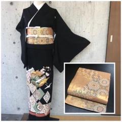 【黒留袖＋袋帯】正絹　黒留袖　鶴松花に金箔　五つ紋　比翼ち付き　袋帯銀花柄 m56241530740_1.jpg?1744267439