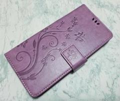 小キズ 手帳型 iphone14/13 用 ケース 草花 蝶 エンボス 薄紫色
