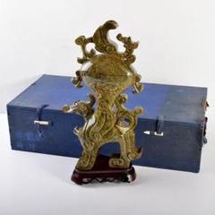 中国　玉石碧玉彫刻　龍鈕蓋爐　獅子香炉　飾壷　唐木台付　M　4741B 中国 玉石碧玉彫刻 龍鈕蓋爐 獅子香炉 飾壷 唐木台付 M 4741B