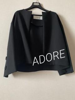 美品＊アドーア リネンノーカラージャケット 38 ブラック 7分袖 日本製 春夏 美品＊アドーア リネンノーカラージャケット 38 ブラック 7分袖