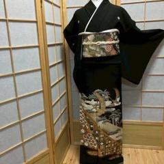 ［4321］黒留袖 舞鶴松 駒刺繍 比翼付 五つ紋 笹竜胆 正絹 着物 袷