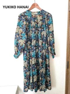 美品　YUKIKOHANAI 花柄 長袖 ロングワンピース 黒×青