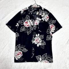 総柄シャツ 花柄 開襟 ダーク系 USA製 黒 アロハシャツ ヴィンテージ 古着