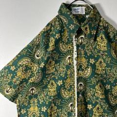 【希少】ヴィンテージ半袖シャツガネーシャインドバティック柄総柄輸入古着緑黄白