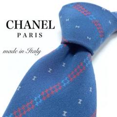 美品】CHANEL ネクタイ ブランドロゴ 青 ストライプ 高級品 希少