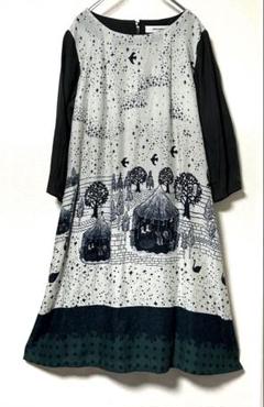 未使用　スーパーハッカ　七分袖　総柄　シアーチュニックワンピース　ネイビー スーパーハッカ 花柄刺繍 ネイビー 七分袖ワンピース - メルカリ
