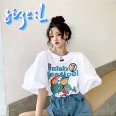 Tシャツ L パフスリーブ レトロ バルーン袖 五分袖イラスト 韓国 レディース