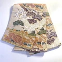 5k1687 丸帯 絹 両面全通 鶴 鷹 ベージュ 金色 白 緑 ピンク 紫