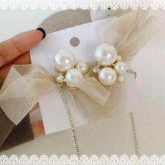 オーガンジー リボン パール ビジュー ピアス ブライダル 韓国 結婚式 秋冬