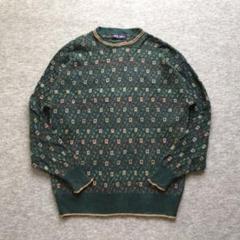 JOHN WEITZ 長袖ニット グリーン 総柄 綿 USA製 062703