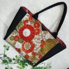 まー虫　高級　正絹の華柄袋帯をリメイクしたトートバッ　２つ アンティークな 花唐草模様織出し袋帯 渋い橙色の正絹帯で作り