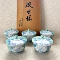 煎茶道具　水月窯　楓文　汲出茶碗　五客　共箱　V　7458 煎茶道具 水月窯 楓文 汲出茶碗 五客 共箱 V 7458