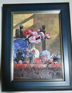 青木敏郎、絵画、油彩4号、椿・レーマ杯・染付皿、新品高級額縁