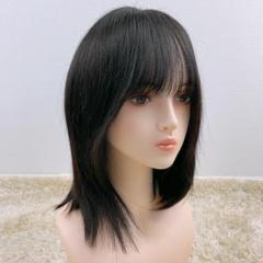 人毛100% フルウィッグ 医療用 ミディアムボブ ストレート 黒 ブラック