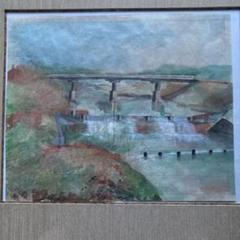 水彩画　作者不詳　橋のある風景(仮題) 額48×55絵29×35cm ￼ 水彩画 作者不詳 橋のある風景(仮題) 額48×55絵29×35cm