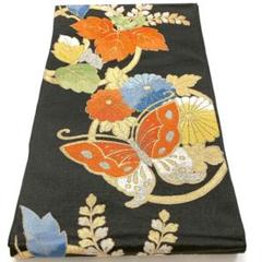 ［4465］袋帯 美品 舞蝶桐花丸文様 刺繍 六通 正絹 着物 フォーマル 黒