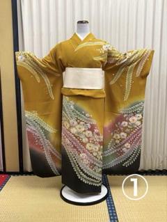 辻ヶ花に蝶々模様 金彩 縮緬 青緑 黒 袷 正絹 振袖・襦袢セット 31 リサイクル着物】色打掛 身丈194cm 金彩加工 鶴 蝶 草花模様