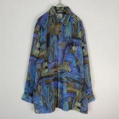 長袖シャツ　柄シャツ 古着 薄生地 メンズ M L相当　ブルー　グリーン