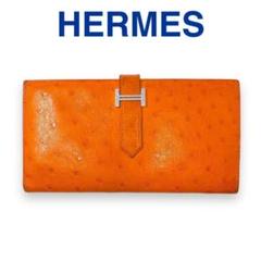 エルメス 長財布 ベアンスフレ オーストリッチ オレンジ シルバー金具 ブランド