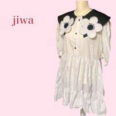 韓国 jiwa xianxian ビックカラー 花 半袖 ワンピース ポワン袖