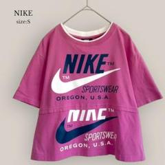 ナイキNIKE レイヤードTシャツ　5分袖　重ね着風　プリント　ゆったり　ピンク