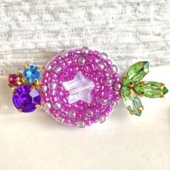 ビーズ刺繍ブローチ　ピンクの朝顔