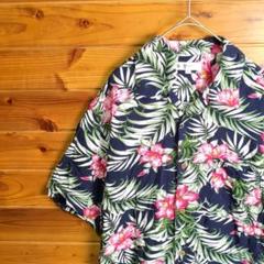 アロハシャツ　柄シャツ　ハイビスカス柄　ボタニカル柄　レーヨン　総柄　Ⅼ　古着