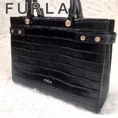 極美品 FURLA フルラ ハンドバッグ ゴールド金具 ロゴ クロコ型