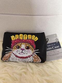 コインケース　ポーチ　猫　本革 クリスマス　手描き　トールペイント　ハンドメイド