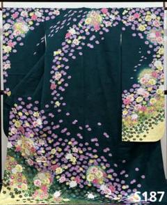 振袖 金駒 紋意匠 洋花 深緑系 正絹 トールサイズ S187