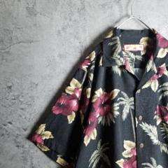 アロハシャツ　ヤシ&レッドハイビスカス　黒　ダークアロハ　L　ハワイアンシャツ