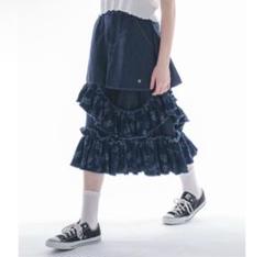 damage frill denim skirt／花柄ジャガードフリルスカート デニムスカート damage frill denim skirt／花柄ジャガード