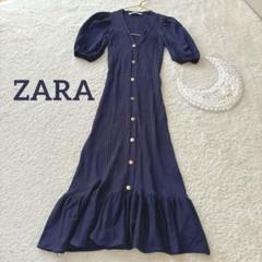 ZARA ザラ パフスリーブ フリル ロングワンピース ネイビー S 金ボタン