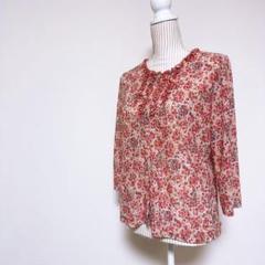 日本製【Marisa】 ピンタックフリル リバティ柄 前開き カットソー (L)