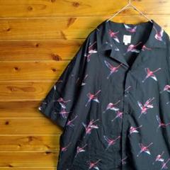 柄シャツ　半袖シャツ　黒　フラミンゴ　鳥　オープンカラー　XL　オーバーサイズ