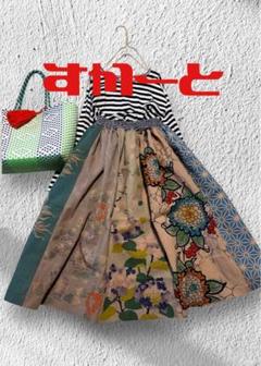 1103 スカート　紫陽花　手ぬぐい　リメイク　handmade 柿渋染　手拭い