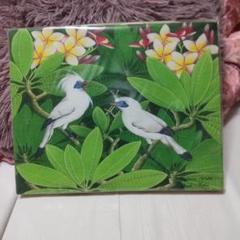 バリ絵画 中型 縦39cm×横50cm 鳥 野鳥 草 花 自然 野生
