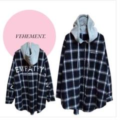 【VEHEMENT】 チェック柄♡グレー系♡フード付きシャツ♡オーバーサイズ♡М