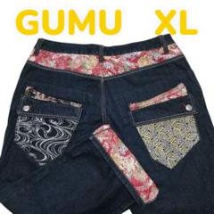【美品】GUMU グム 刺繍入りジーンズ XL ダークインディコデニム
