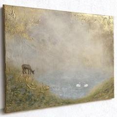 値下げ　原画　額付き　送料込み　鹿　絵画　動物画　アクリル画　現代アート Amazon.co.jp: 絵画 鹿の採餌インテリア 絵画 動物イラスト