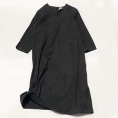 美品！LOISIR ロワズィール 異素材 ロングワンピース 麻 リネン 黒 セール】エステルウールトロピカルクロス異素材コンビAライン