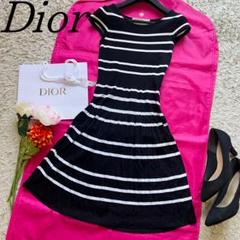【美品】Christian Dior サマーニットワンピース ボーダー プリーツ