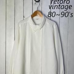 レトロ古着 80s～90s ピンタック比翼シフォンブラウス シャツ 82 M～L レトロ古着 80s～90s ピンタック比翼シフォンブラウス シャツ 82