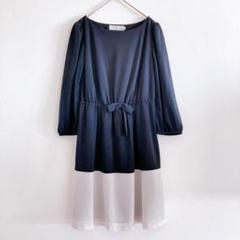 新品タグ付 クチュールブローチ 長袖膝丈ワンピース M ネイビー 白 4613