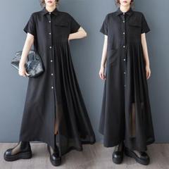 シャツロングワンピース オシャレデザイン プリーツ 切り替え 無地 着痩せ