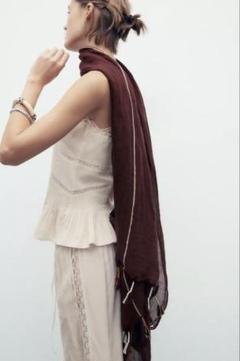 【タグ付き新品】ZARA ザラ フリンジ リネン ブレンド スカーフ ブラウン
