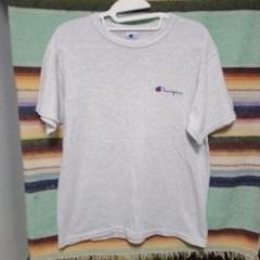 90s　チャンピオン　Tシャツ　青刺繍タグ　グレー　ロゴプリント　ランタグ